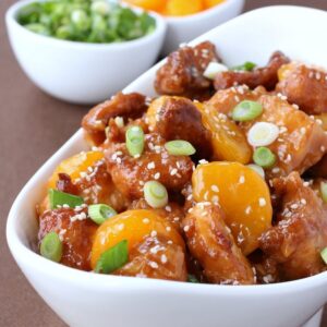 orange chicken in a white serving bowl