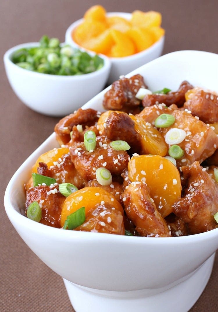 orange chicken in a serving bowl