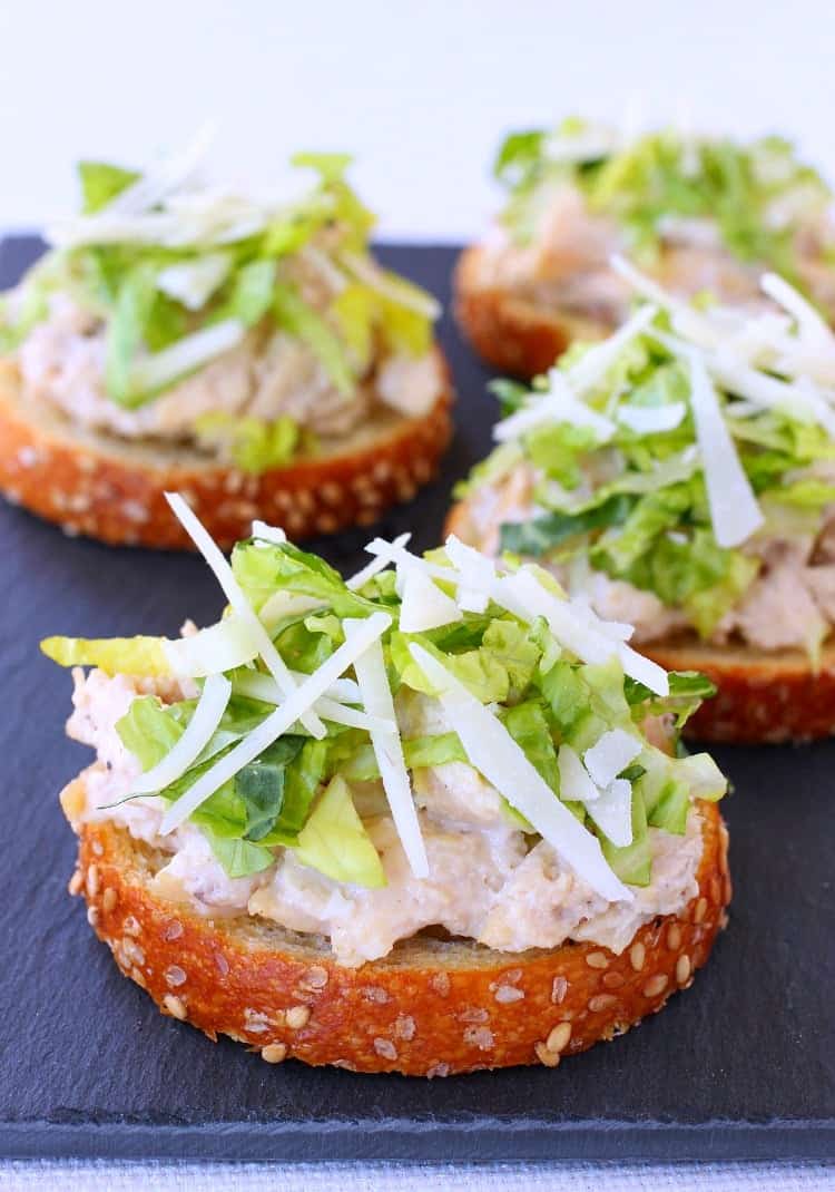 Caesar Chicken Salad Bruschetta is an easy appetizer recipe that can also be served for a light dinner or lunch