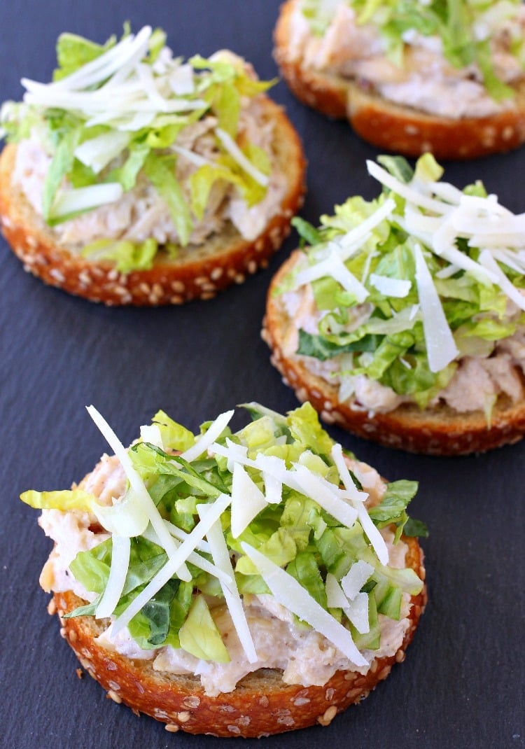 Caesar Chicken Salad Bruschetta is an easy chicken recipe that can be served for appetizers or a light meal