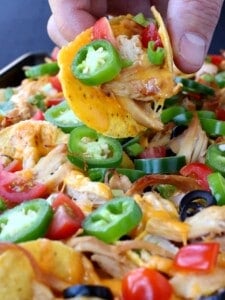 chicken sheet pan nachos on a tray