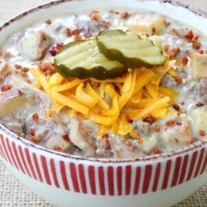 Cheeseburger & Fries Chowder in a striped bowl