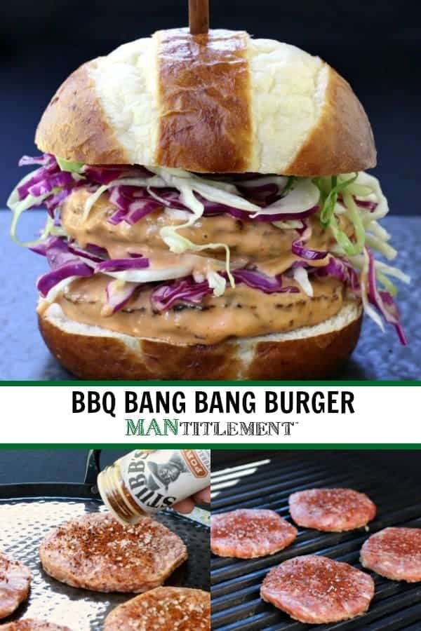 Grab the napkins for this crazy tasty Bang Bang Burger! This pork burger is actually dipped into Bang Bang Sauce before adding to a bun! BBQ Bang Bang Burger