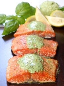 Cedar Plank Salmon with Basil Cream Sauce