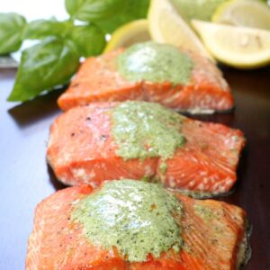 Cedar Plank Salmon with Basil Cream Sauce