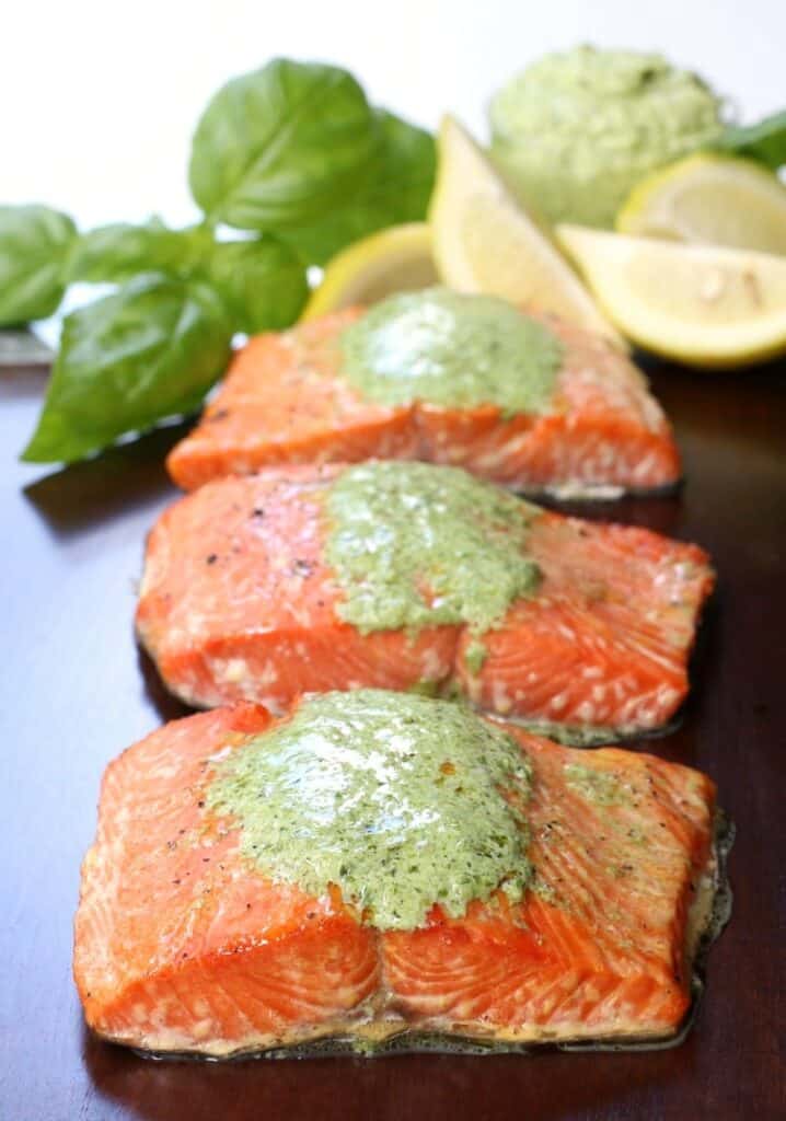 Cedar Plank Salmon with Basil Cream Sauce