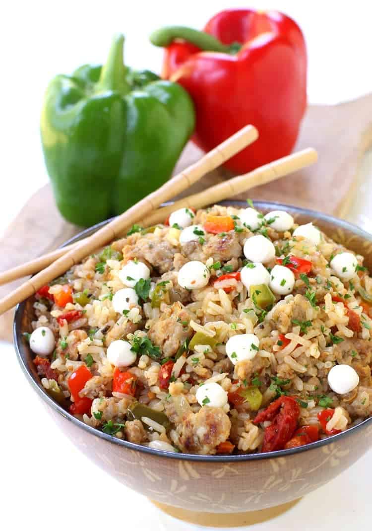 Italian Fried Rice is a fried rice recipe with fresh mozzarella cheese and sausage