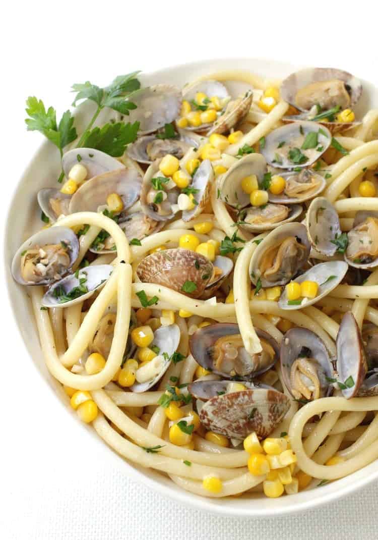 Bucatini with Fresh Corn and Clams in a serving bowl
