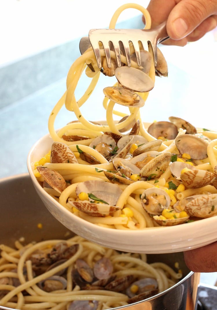 Bucatini with Fresh Corn and Clams being served in a bowl