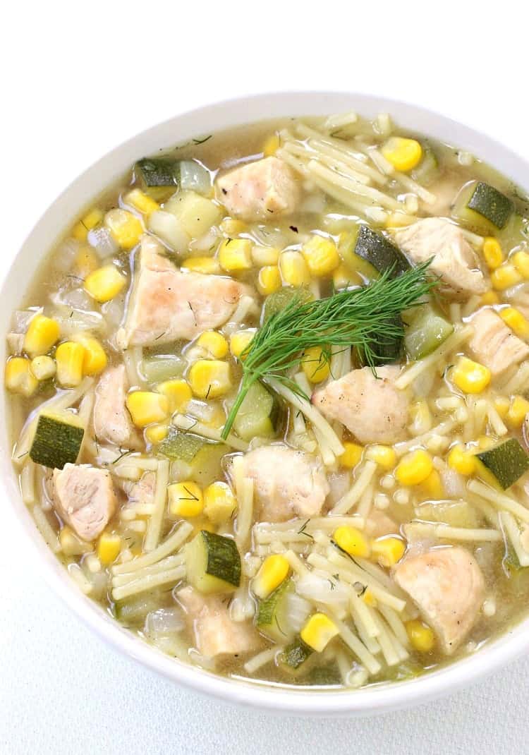 soup recipe made with grilled chicken, corn and zucchini