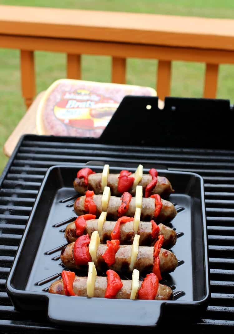 Pepper and Cheese Hasselback Bratwurst stuffed with peppers and cheese