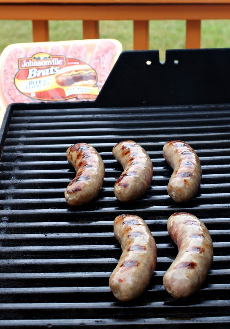Pepper and Cheese Hasselback Bratwurst on the grill