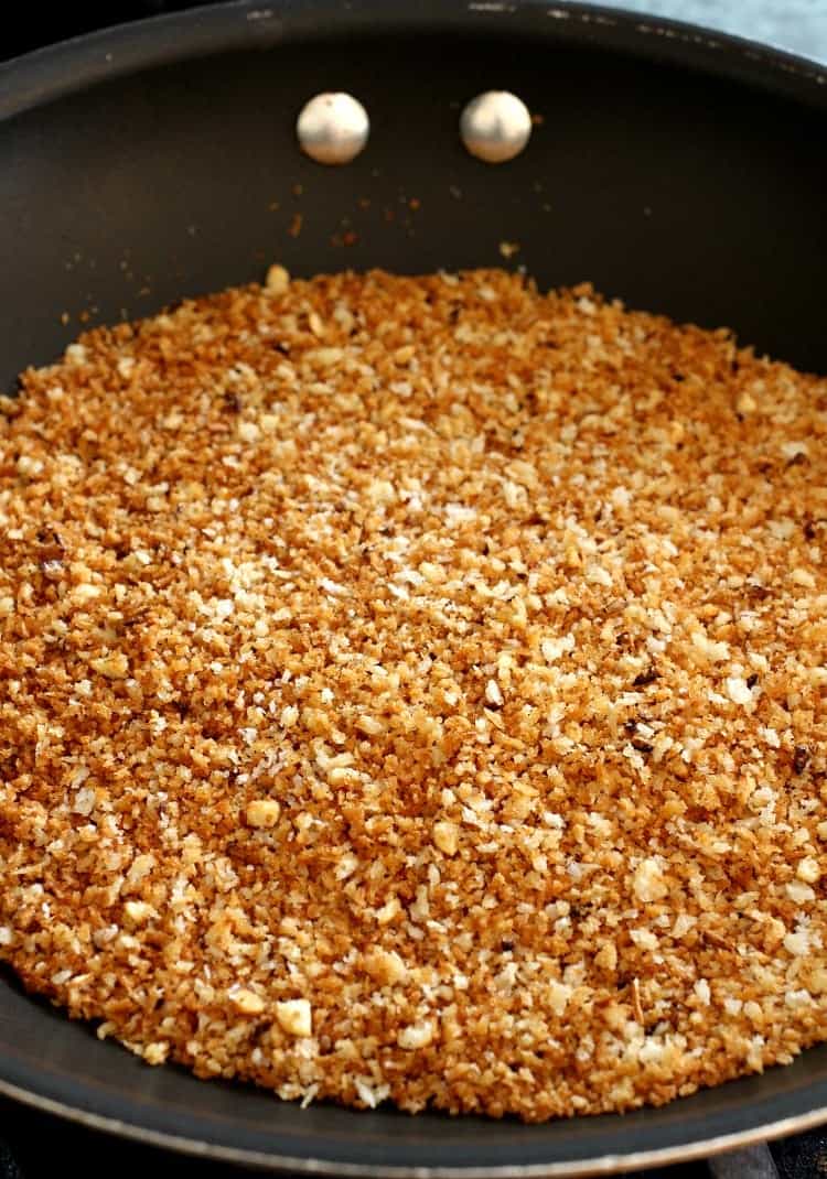 Toasted breadcrumbs in a skillet