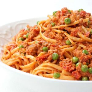 Creamy Sausage Spaghetti is loaded with sausage in a creamy tomato sauce!