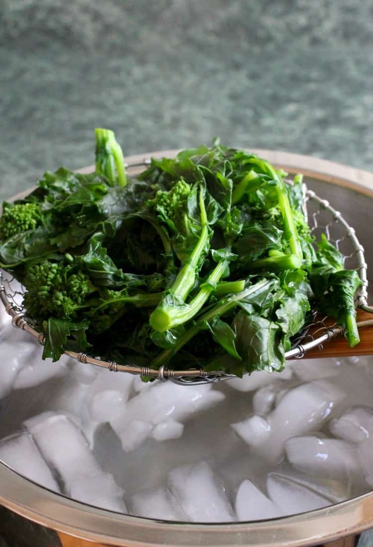 Broccoli Rabe cooked going into ice bath