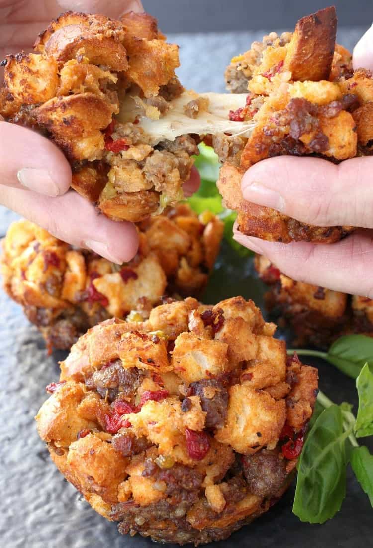 Italian Stuffing Muffins are loaded with mozzarella cheese in the center - get these ready for Thanksgiving!