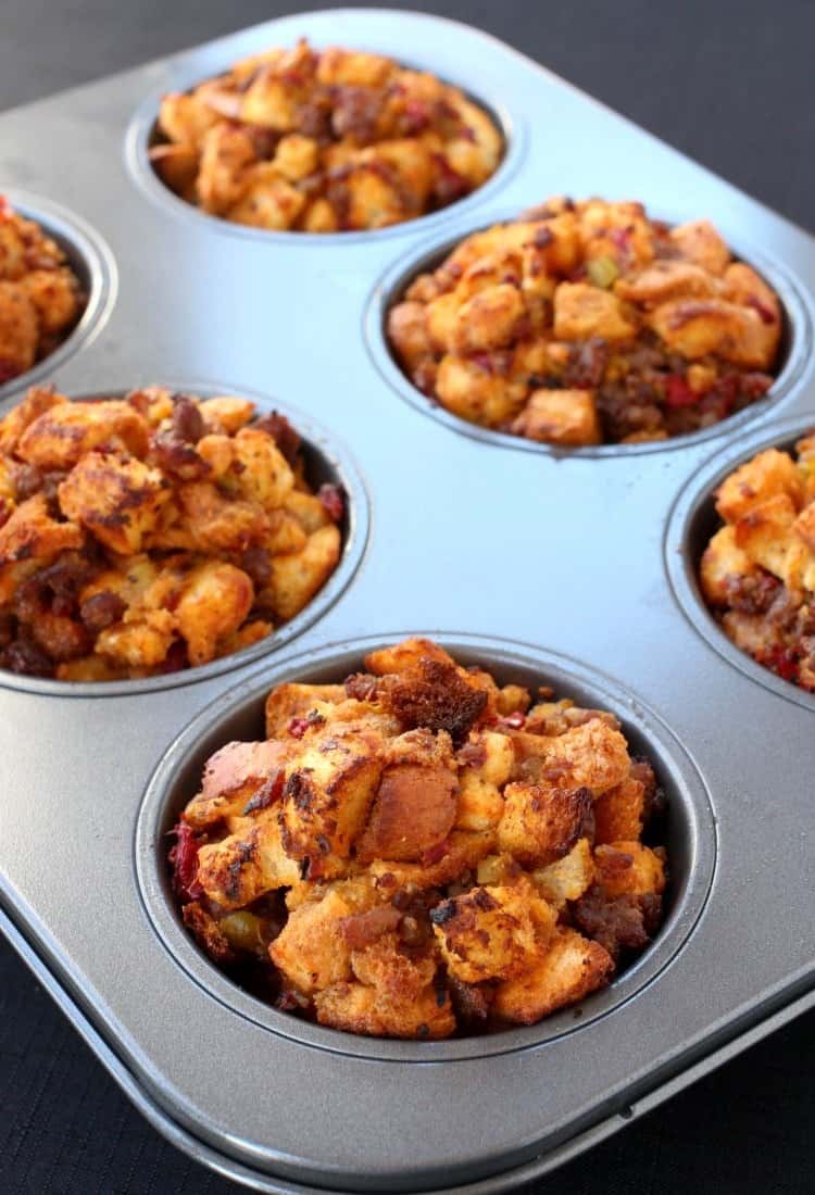 Stuffing Muffins are a super fun way to serve stuffing! Individual portions of delicious stuffing with a surprise, cheesy center! Best Stuffing Muffins Recipe