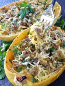 Sausage SPaghetti Squash with Apple Cider Glaze is loaded with sausage and cheese!