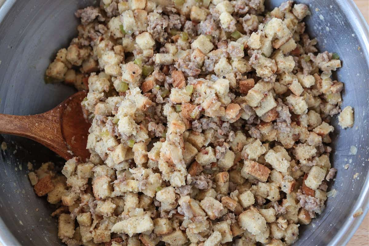 stuffing in a bowl with wooden spoon