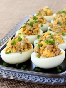 These Sausage and Hash Brown Deviled Eggs are the ultimate guy food - sausage, potatoes and eggs in one bite!