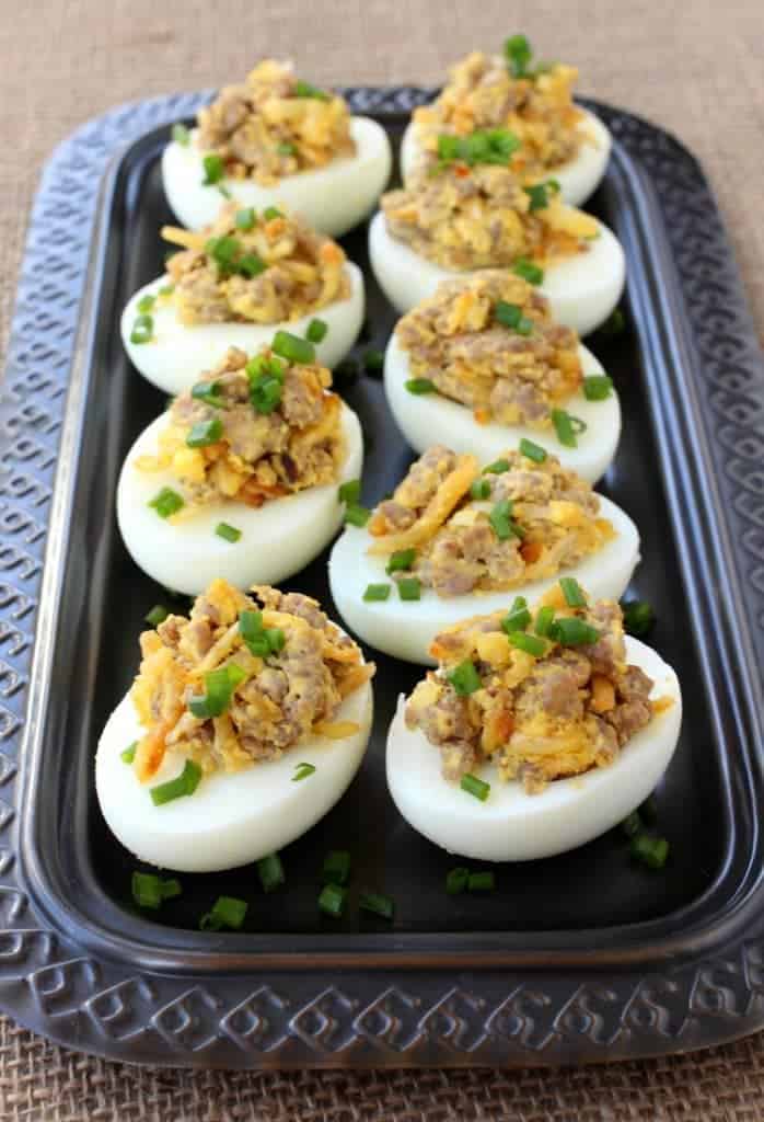 Sausage and Has Brown Deviled Eggs are the ultimate Game Day watching appetizer!