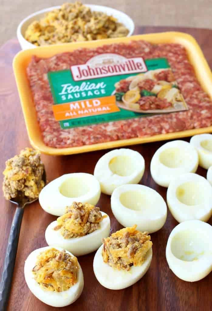 Sausage and Hash Brown Deviled Eggs can be filled ahead of time for party planning