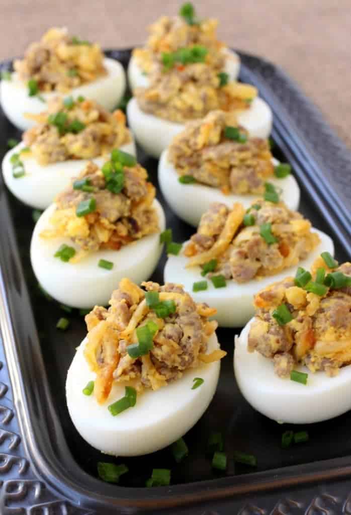 Sausage and Hash Brown Deviled Eggs are loaded with sausage and crispy potatoes!