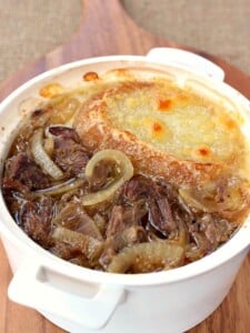 This Slow Cooker Beefy French Onion Soup is loaded with shredded beef!