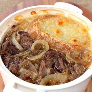 This Slow Cooker Beefy French Onion Soup is loaded with shredded beef!