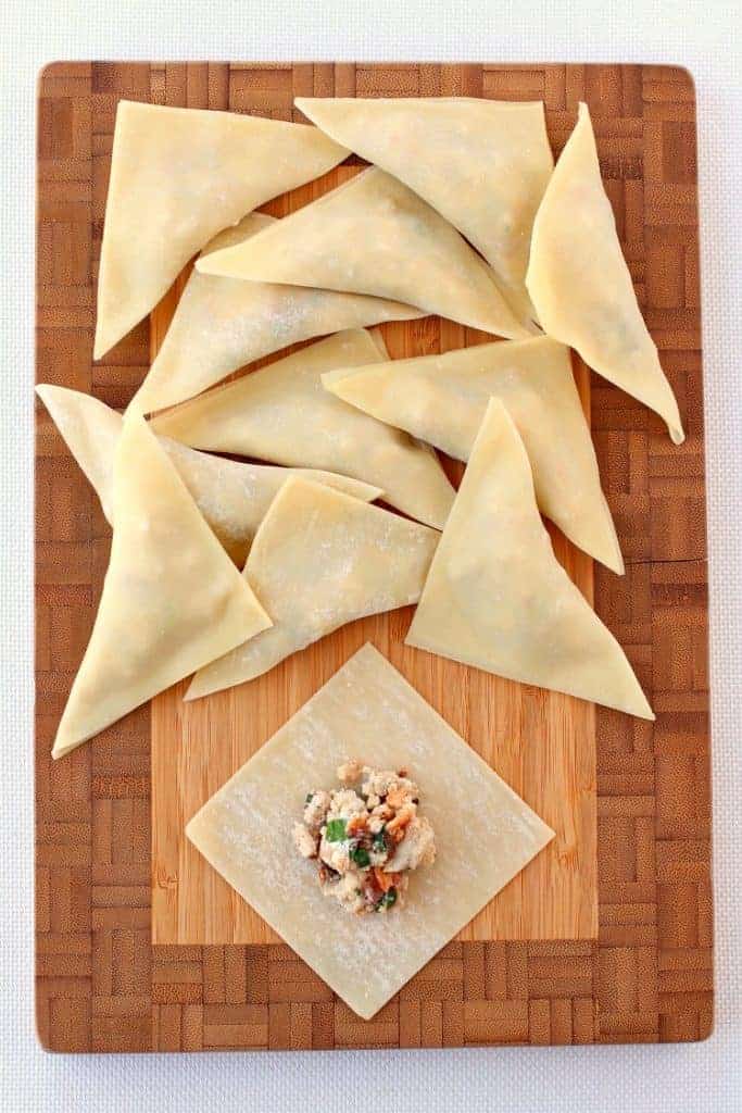 Leftover Turkey Wontons are filled with turkey, cheese and bacon then fried