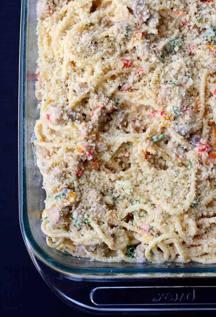 Chicken Philly Cheesesteak Casserole gets a topping of panko bread crumbs before going into the oven.