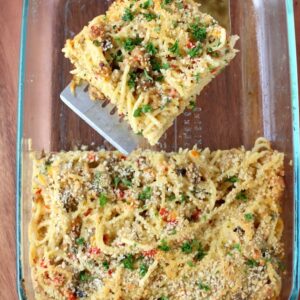 This Chicken Philly Cheesesteak Casserole cuts just like a lasagna!