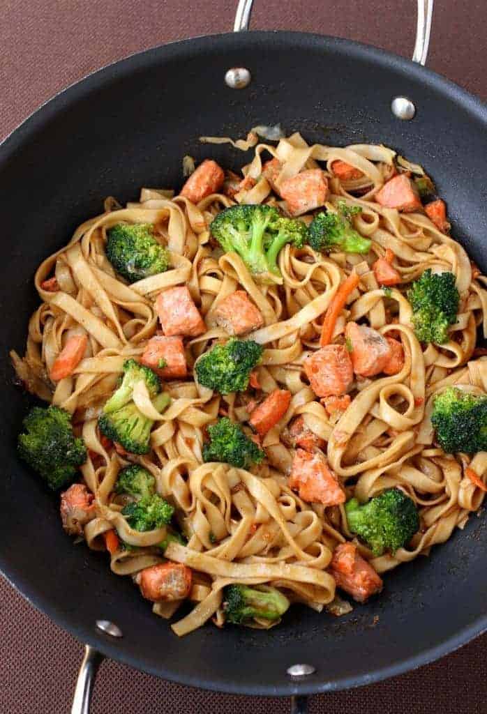 Quick Salmon Noodle Bowl in the wok.