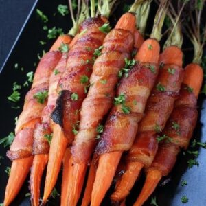These Bacon Wrapped Maple Glazed Carrots are my favorite side dish to serve for Easter dinner!
