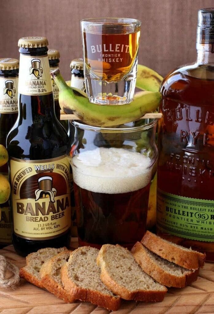Banana Bread Boilermaker Cocktail with whiskey and beer