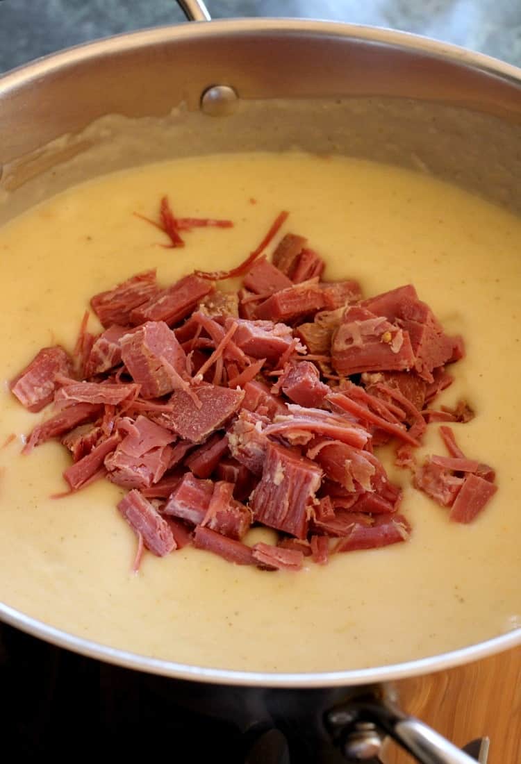 Creamy Corned Beef and Potato Chowder gets blended, then you add in your leftover corned beef!