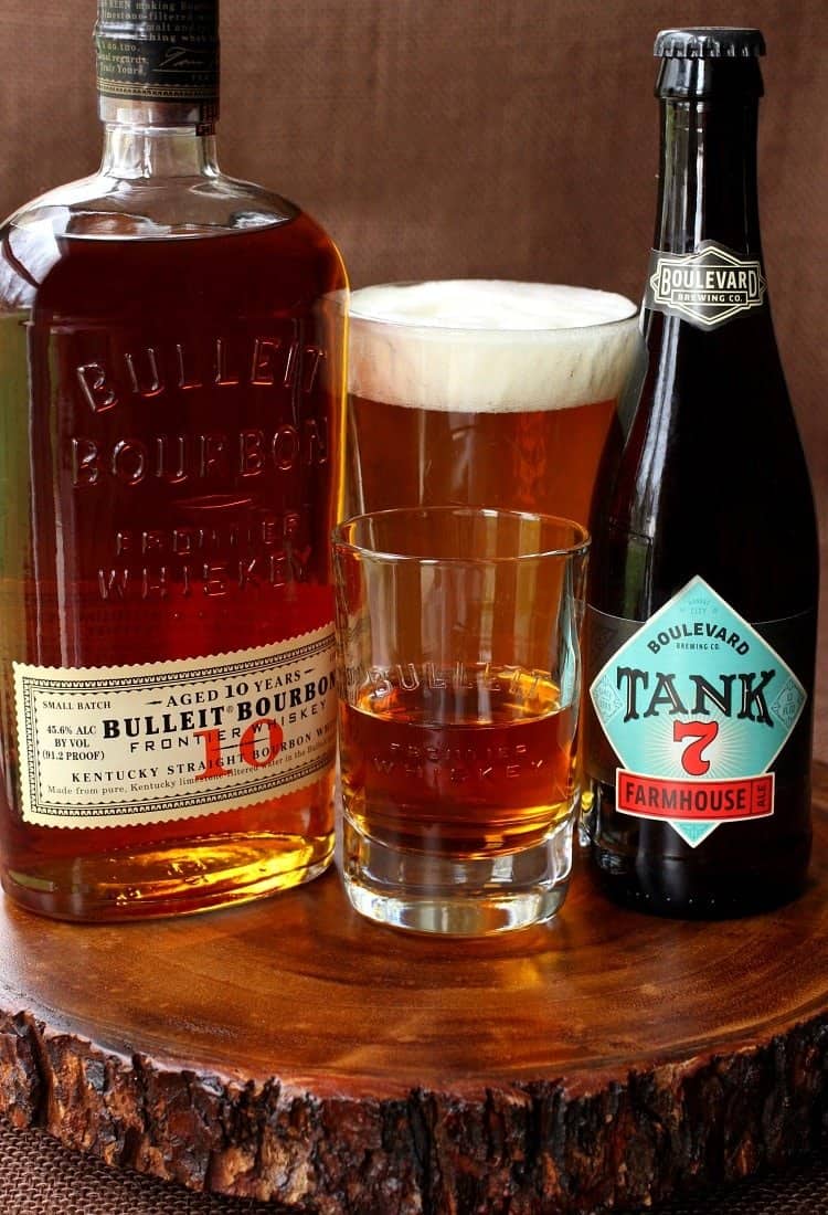 This fun Boilermaker Drink is a happy hour classic. A simple cocktail served with a glass of beer and a shot of whiskey on the side! Aged Frontier Farmhouse Boilermaker is perfect for cocktail hour!