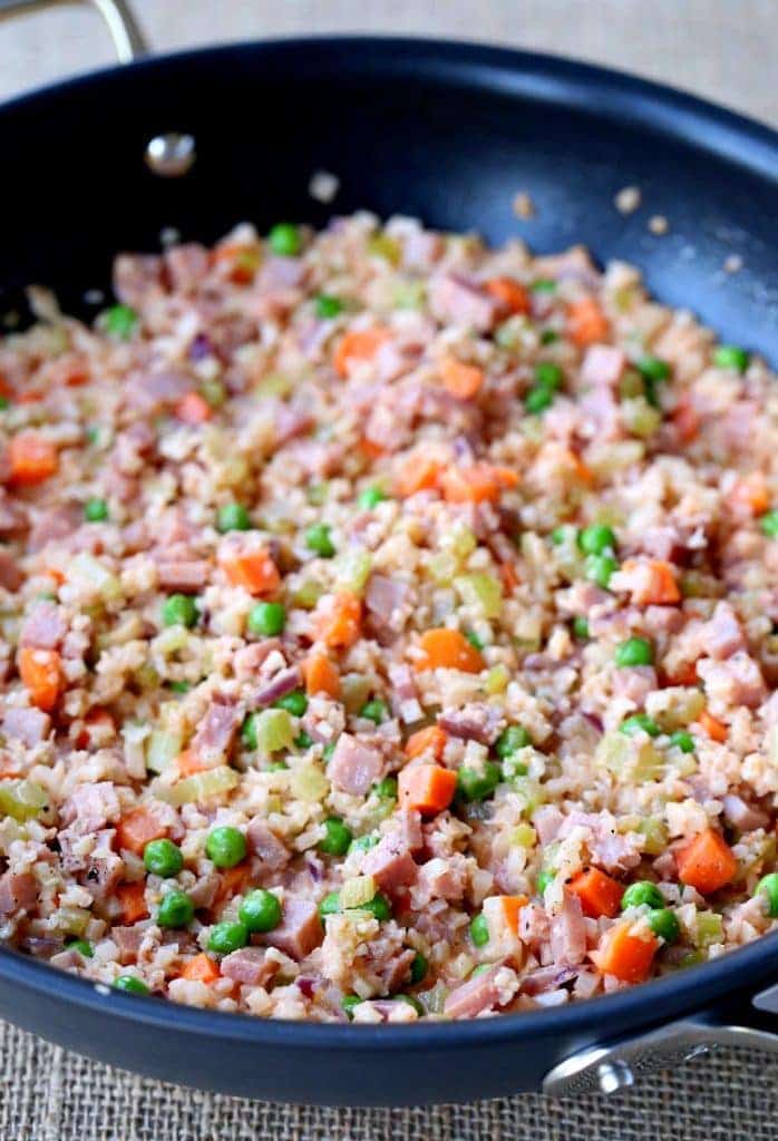 Low Carb Cauliflower Rice and ham is on the table in 15 minutes!