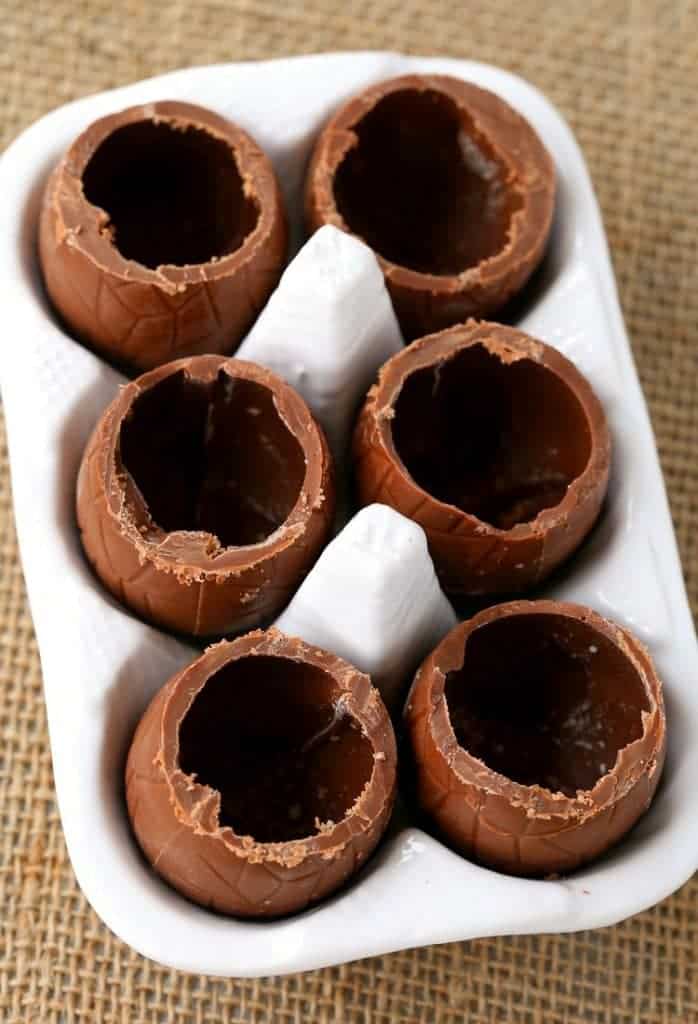 Chocolate eggs with the tops cut off to make RumChata Chocolate Egg Pudding Shots