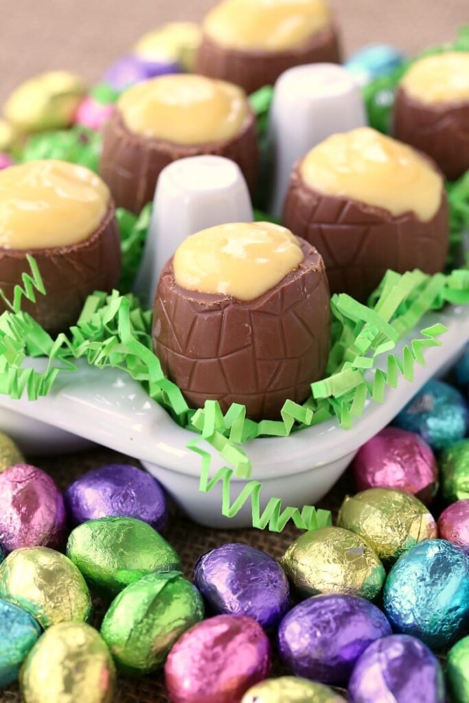 Chocolate eggs with RumChata flavored pudding inside for an Easter dessert recipe