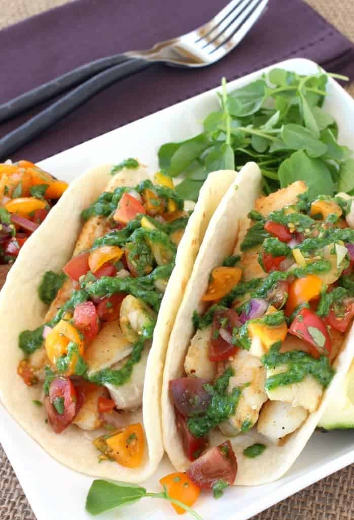 Fish Tacos with Fresh Tomato Salsa on a plate with fork