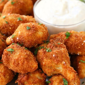 fried artichoke hearts on platter with garlic aioli sauce