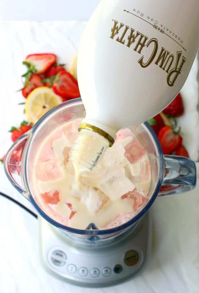This Frozen RumChata Strawberry Lemonade uses fresh strawberries and RumChata!