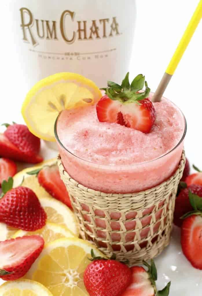 This Frozen RumChata Strawberry Lemonade is a RumChata drink blended with strawberries