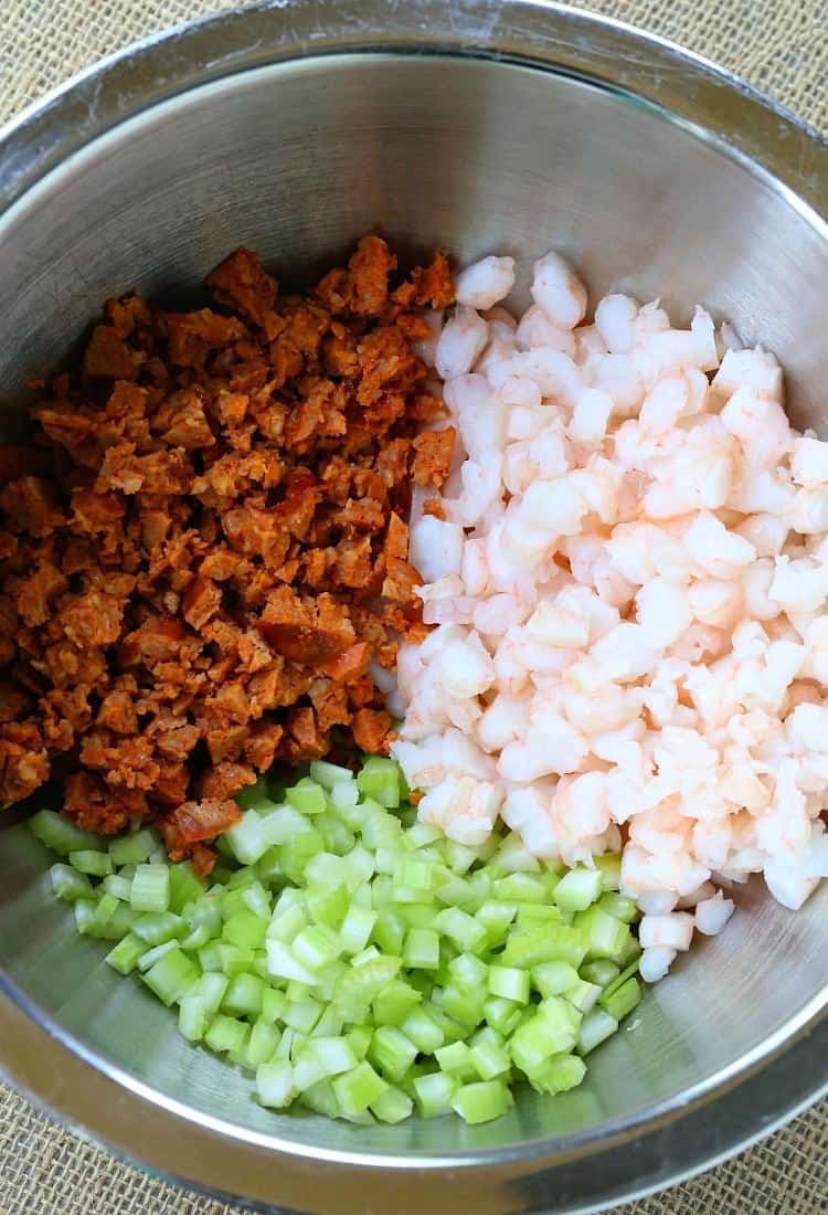 shrimp salad ingredients in a bowl