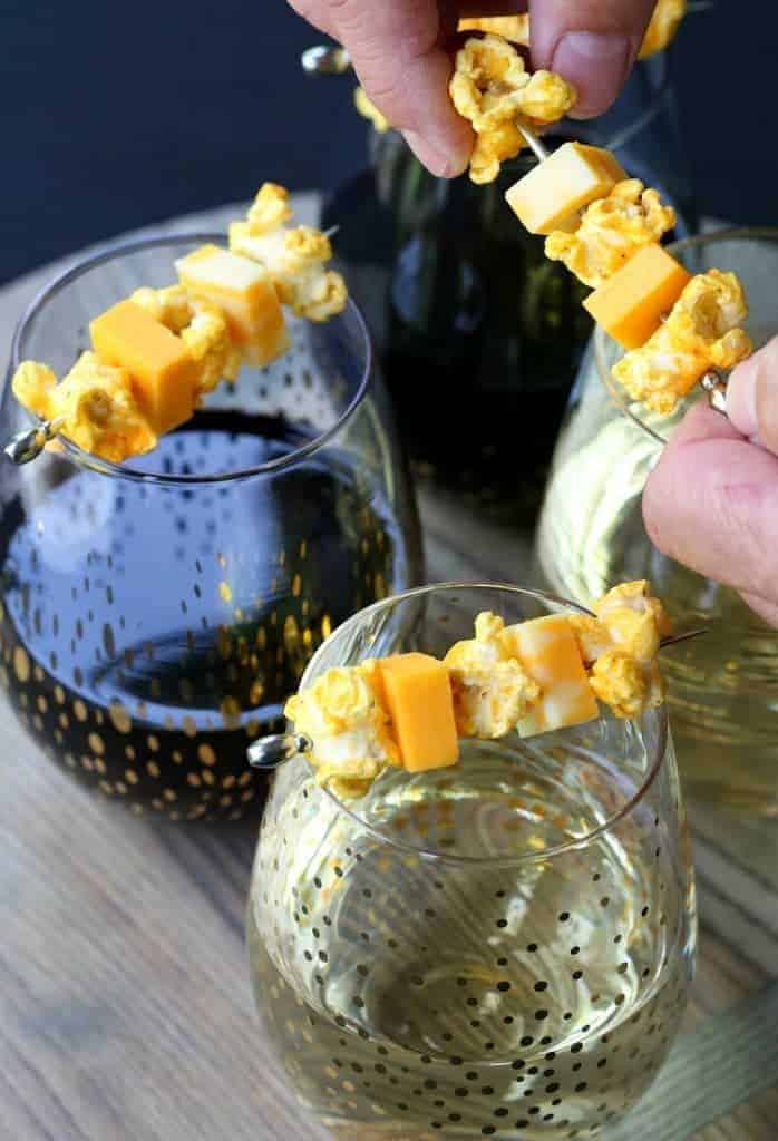 These Popcorn and Cheese Wine Kabobs are going to be a hit at your next party!