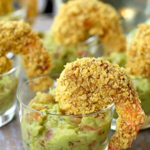 tortilla breaded shrimp in dish with guacamole