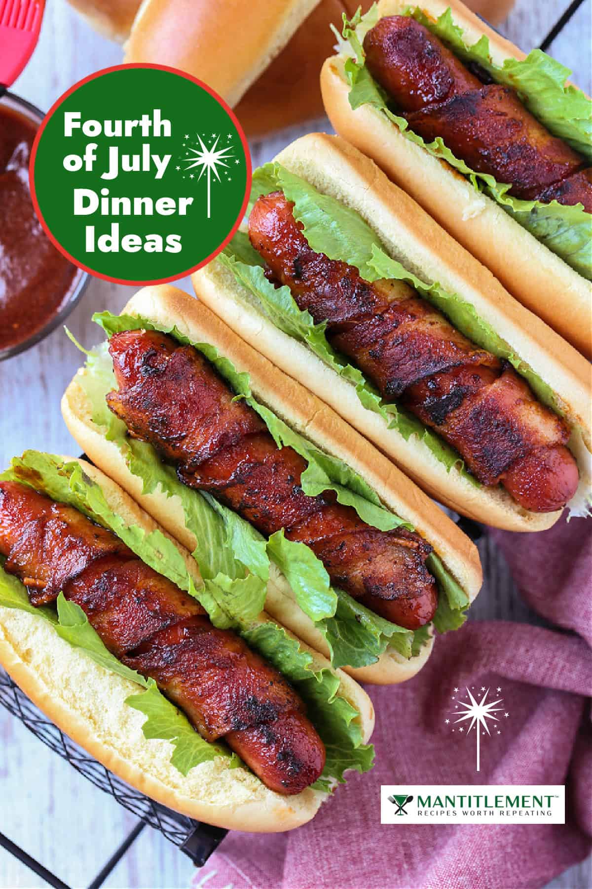 Our Fourth of July Dinner Ideas will ensure your party is a hit! BBQ favorites to twists on classic recipes that will have everyone talking! bacon wrapped hot dogs for a july fourth dinner idea