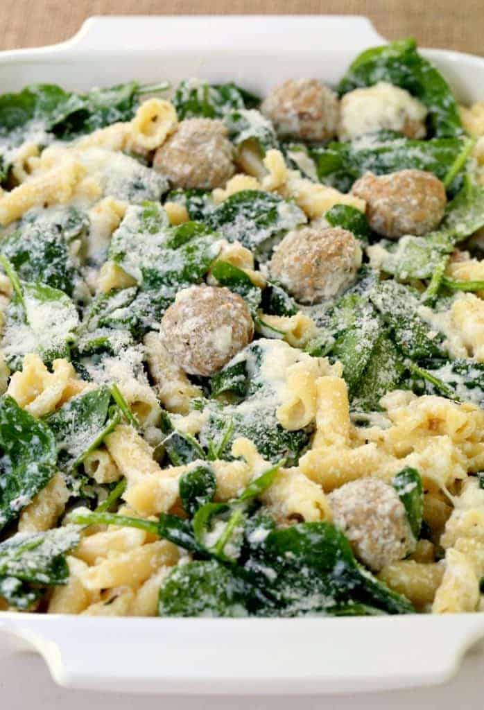 Spinach Meatball Baked Ziti is a pasta recipe with fresh spinach, meatballs and cheese