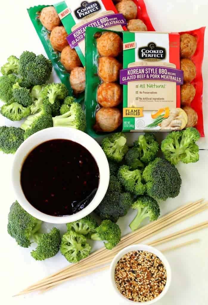 store bought meatballs and broccoli to make kabobs